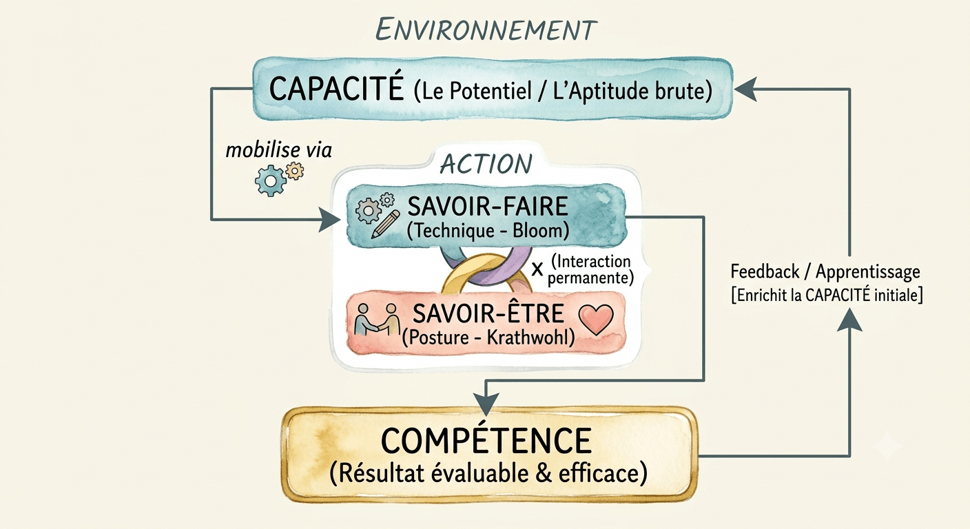schéma d'illustration systémique de la capacite à la competence 